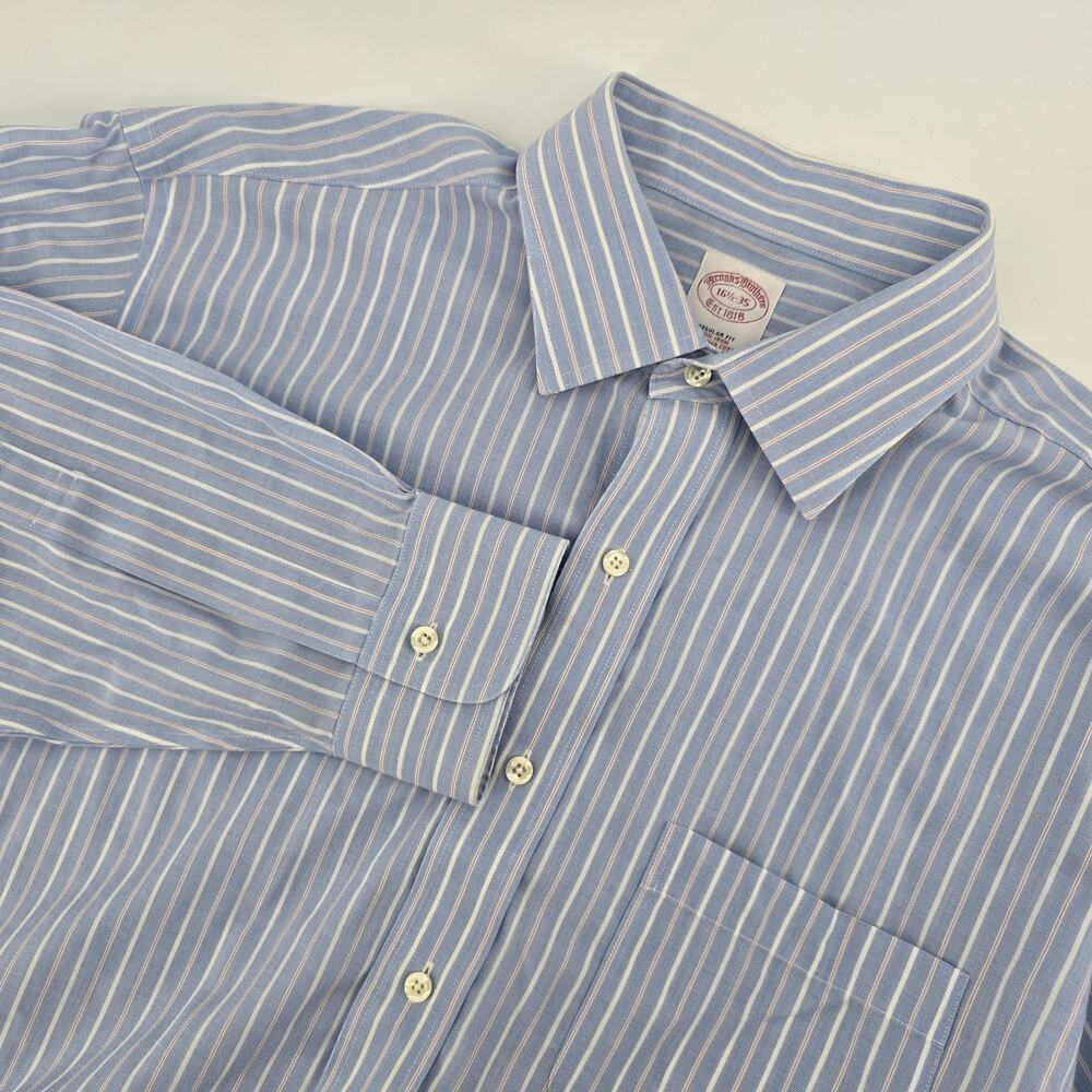 Brooks Brothers 16.5 - 35 Regular Fit Non Iron Blue Yellow Stripe Shirt Preppy‎
